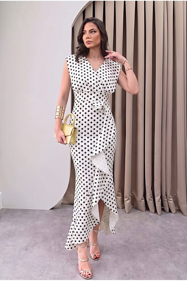 Women's Black Polka Dot Scuba Diving Fabric Double Breasted Collar Skirt Flounce Evening Dress Graduation Wedding Dress
