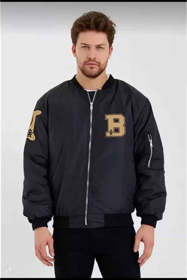 Unisex Long Sleeve Printed Bomber Jacket - Black