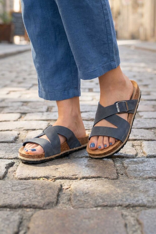 Summer Women's Cork Pvc Sole Single Buckle Adjustable Comfortable Daily Slippers