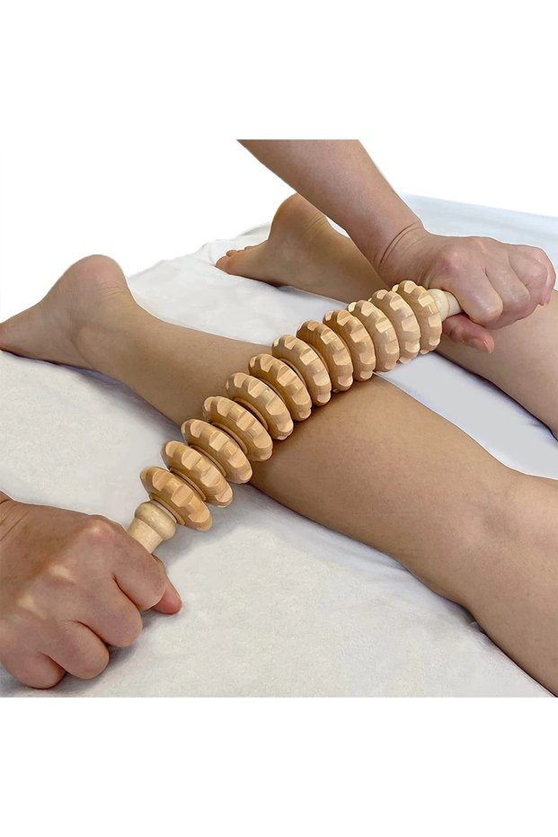 Brown Body Fascia Massager Anti-slip Handle Wood Grooved Gear Arms Legs Thighs Buttocks Smooth Rolle