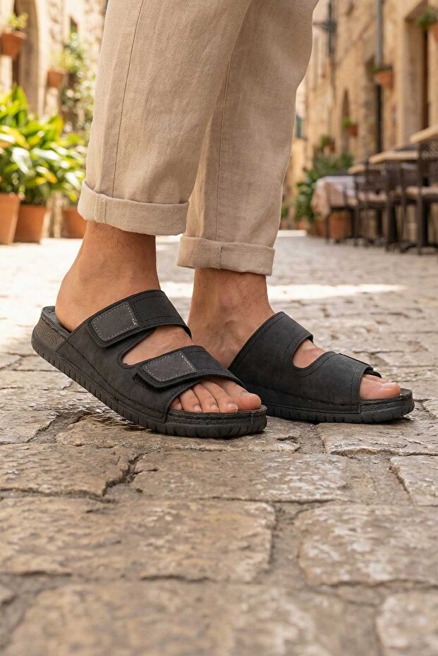 Summer Men's Faux Leather Comfortable Insole Two Velcro Belt Adjustable Daily Slippers