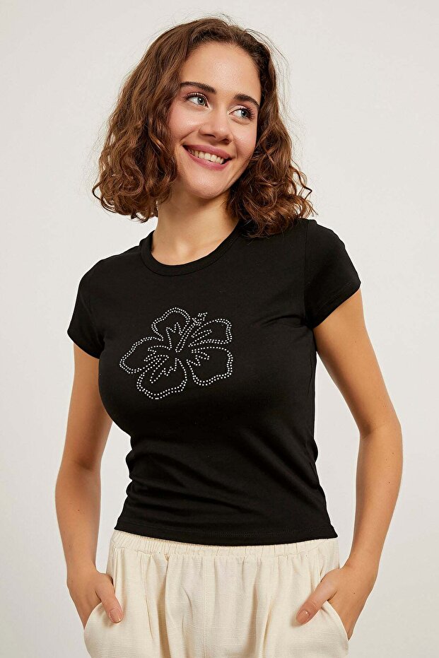 Women's Crew Neck Stone Tight Short Black T-Shirt