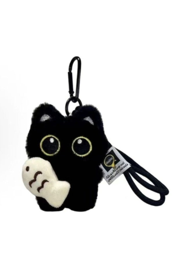 Fish In Arms New Sweet and Cute Strawberry Small Black Cat Pendant Adorable Plush Doll Keychain Stu