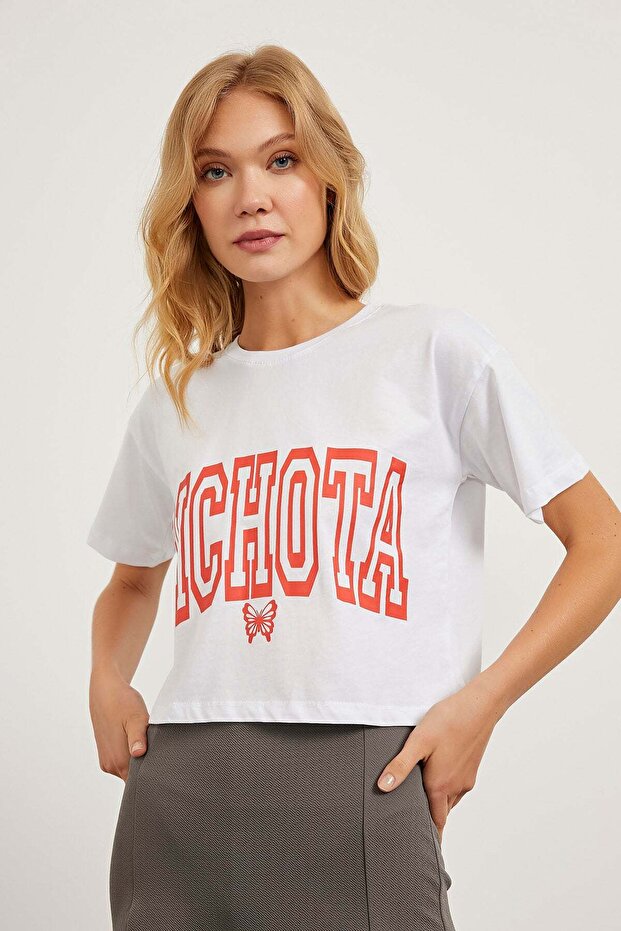Women's Printed Short Sleeve Summer White Crop T-Shirt