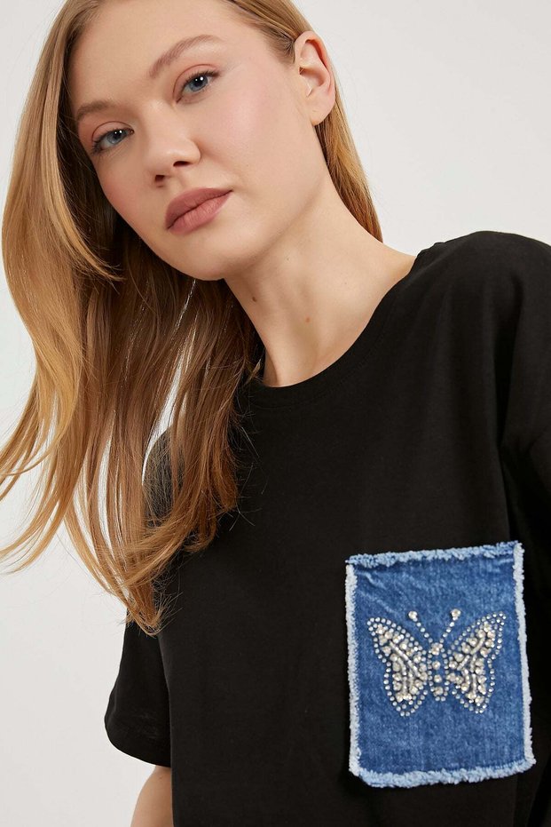 Armalife 1305 Butterfly Stone Denim Pocket Detail Bis Collar Women's T-Shirt