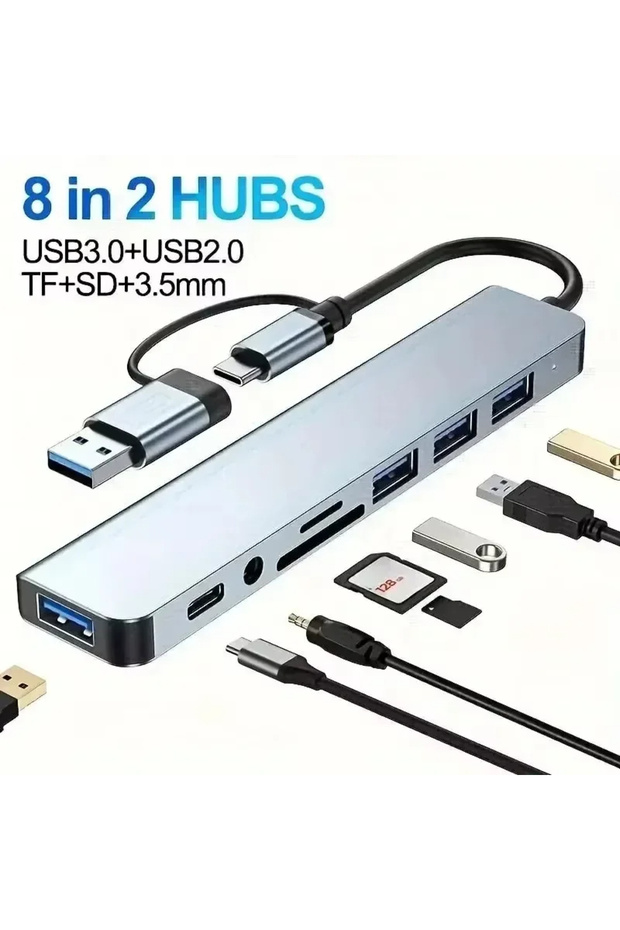 محطة إرساء 8 في 2 USB +Type C HUB مع محول مقبس صوت 3.5 ملم وقارئ بطاقة Micro SD للكمبيوتر المحمول ...