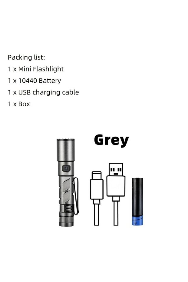 Grey Zoom Mini EDC High Bright LED Pen Flashlight USB Rechargeable Magnet Small Torch Outdoor Campin