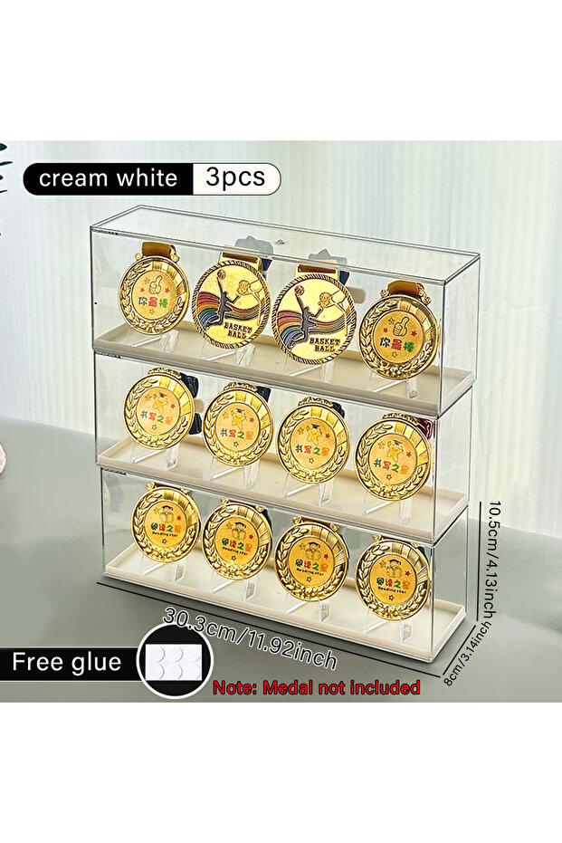3pcs-Cream White 1pc Rectangular Plastic Marathon Medal Storage Box, Gold Medal Storage Rack, Tablet