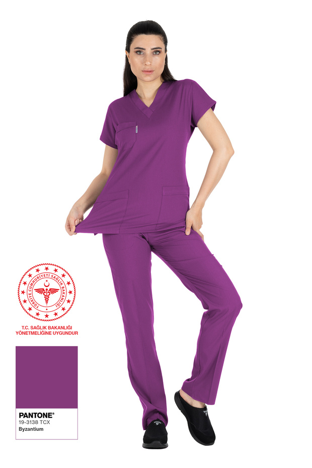 Byzantium Purple Lycra Thin Fabric Scrubs Doctor Nurse Uniform Bat Sleeve Surgical Suit (with Arma Gift)
