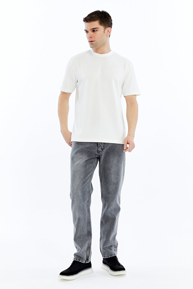 O Neck Injection Logo Men's T-Shirt 4028 Ecru