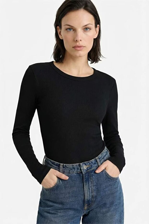 Slim Fit Slim Fit Basic Plain Casual Ribbed Camisole Long Sleeve T-Shirt E5767Ax