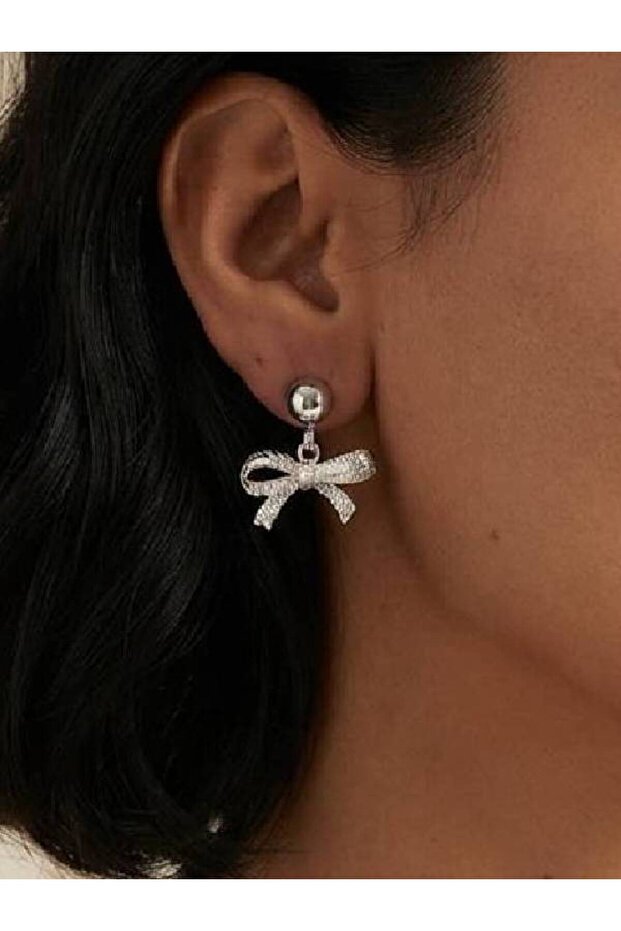 Silver Color Lacquer Finish Infinity Women's Stud Earrings with Ribbon Object