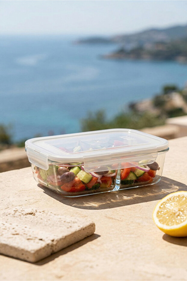 Fresco Glass Compartment Storage Container Single Large Size 1100 ml Rectangular White Lockable Lid