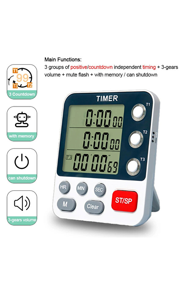 3 Channels Timing 3 Channels Digital Kitchen Timer Count UP/Down Timer Adjustable 3 Levels Volume Al