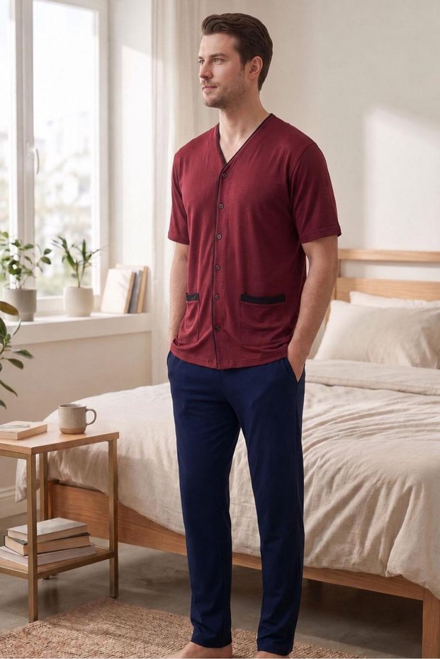 Men's Flat Front Buttoned Short Sleeve Claret Red Pajama Set 8102