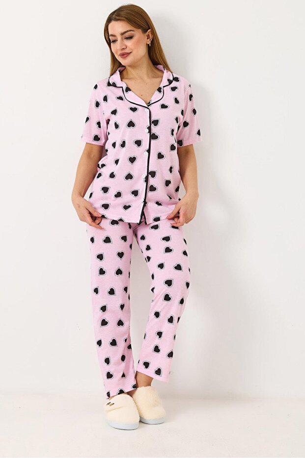 Women's Heart Printed Pink Buttoned Pajama Set