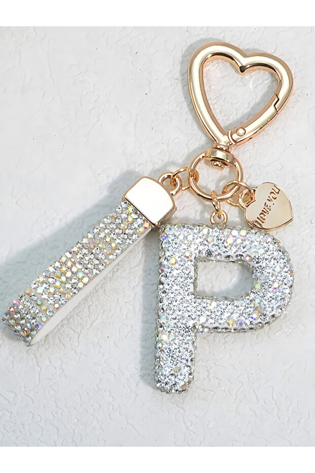 P Shining Diamond Inlay 26 English Initial Letter Key Chain Car High-end Key Ring Lady Bag Delicate.
