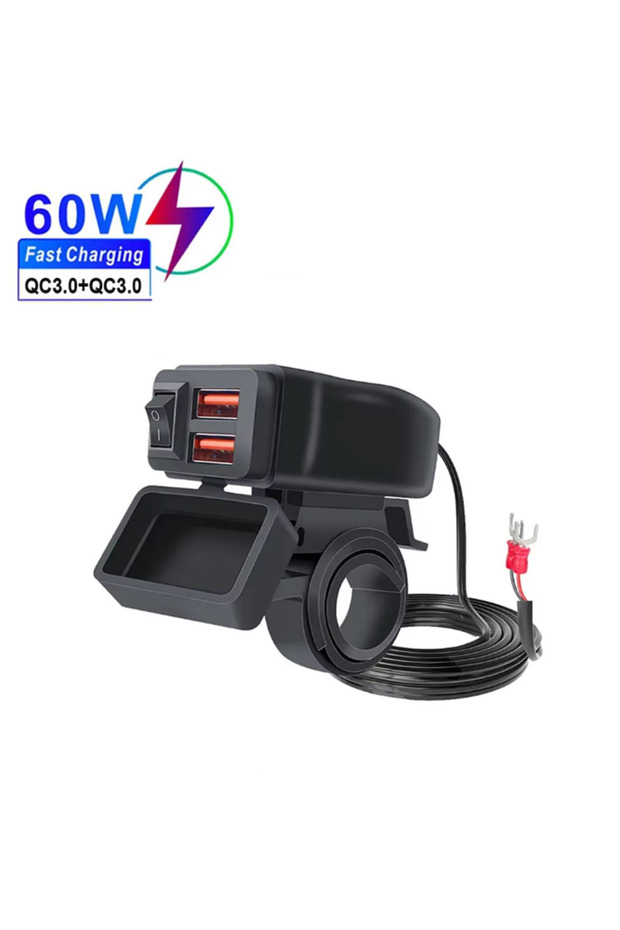 شاحن دراجة نارية سريع PD+QC3.0 بدون فولتميتر USB 60 وات بمقبس USB مزدوج مع مفتاح تشغيل/إيقاف