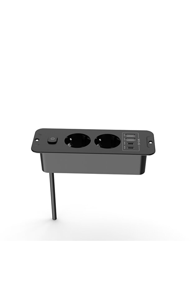 مقبس كهربائي مدمج في سطح الطاولة بتصميم أوروبي أسود مع منفذين USB-A ومنفذين Type-C بقدرة 20 واط للشحن السريع، تصميم مدمج.