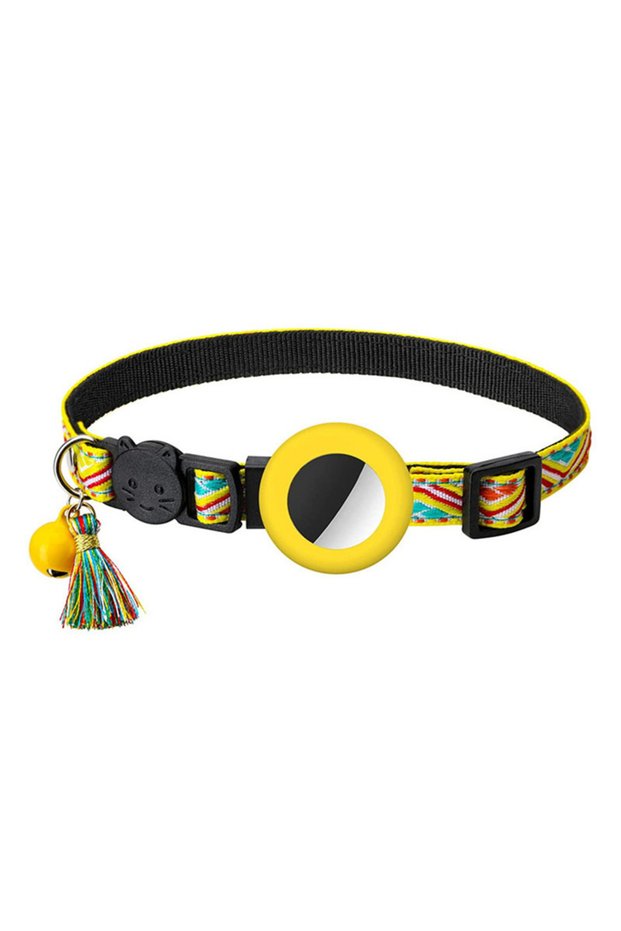 AC57-yellow New Airtag Pet Collar Adjustable Nylon Puppy Cat Collar With Bell Anti-lost Pet Necklace