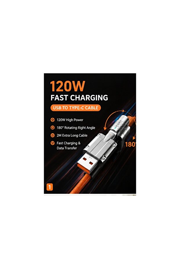 كابل شحن سريع من USB إلى USB-C بزاوية 180 درجة ° رأس دوار بزاوية قائمة، قدرة طاقة 120 واط، كابل نقل بيانات وشحن بطول 2 متر