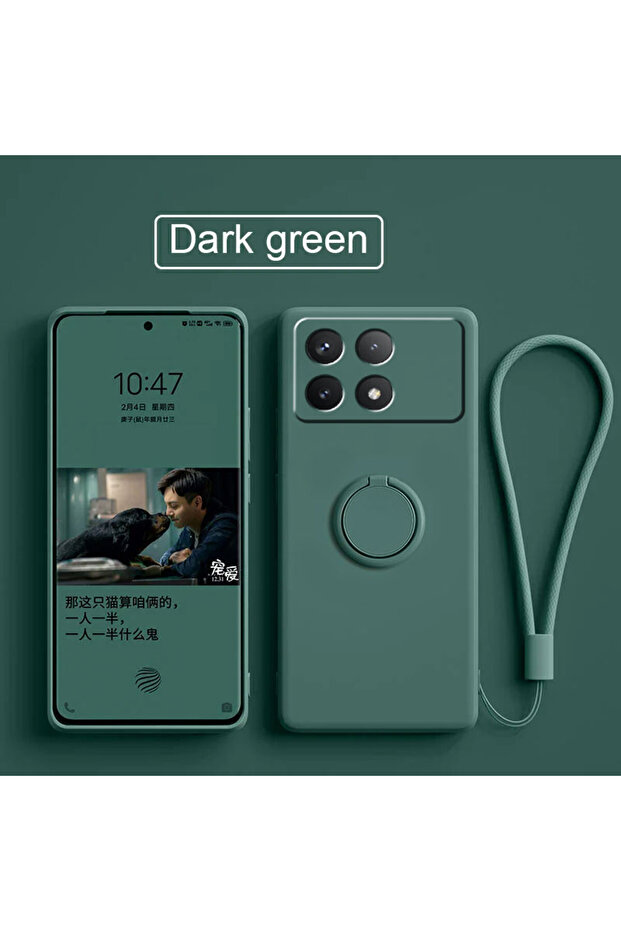 غطاء حماية أسود وأخضر لهاتف POCO X6 Pro، غلاف سيليكون سائل مع حلقة وحامل لهاتف POCO X6 Pro