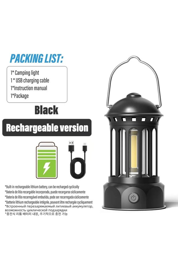 Black-USB L800BR European Roman Pillar Vintage Camping Lantern Flashlight Rechargeable Lamp With Hoo