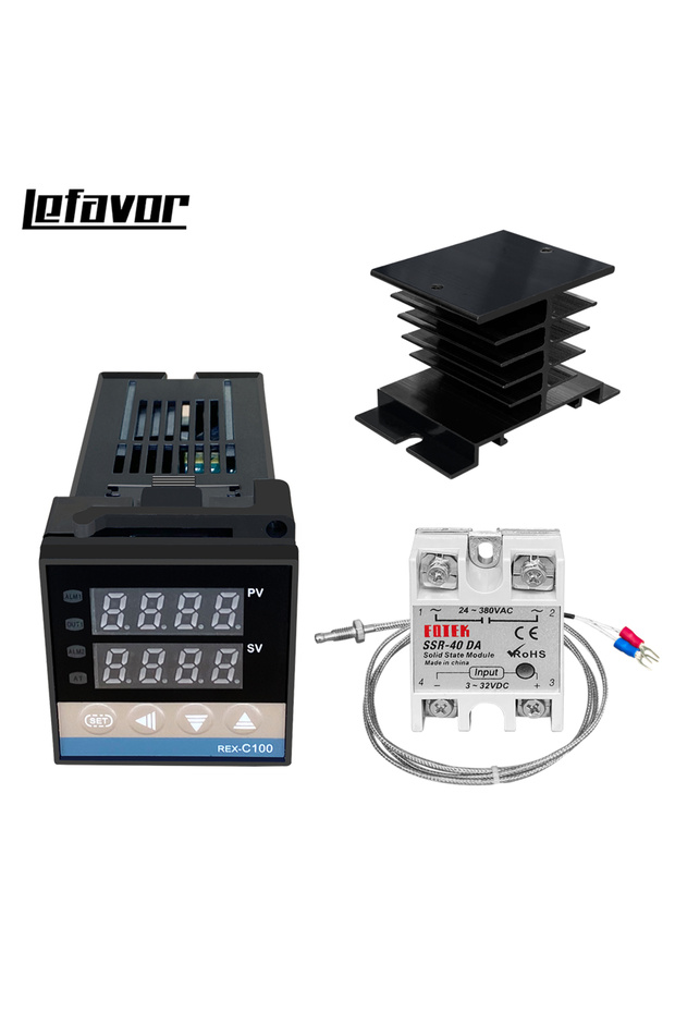 مجموعة C100 السوداء من 2 وحدة تحكم في درجة الحرارة الرقمية REX-C100 PID مع منظم حرارة بمخرج SSR بحد أقصى 40 أمبير ومرحل SSR