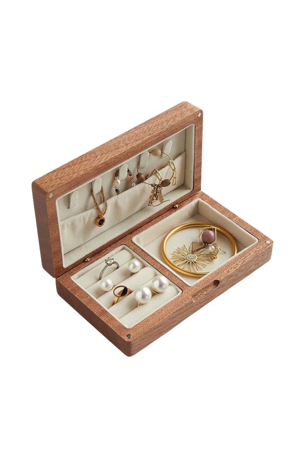 C Portable Flannelette Jewelry Storage Box High-end Luxurious Black Walnut Vintage Necklace Earrings