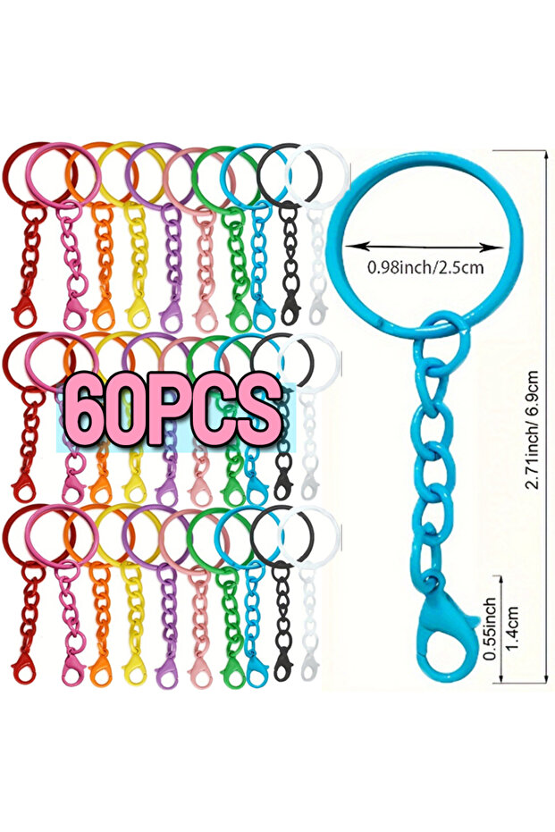 Colorful Random-60PC Diameter 25mm Keyrings with Chains Lobster Clasps for DIY Jewelry Making Keycha