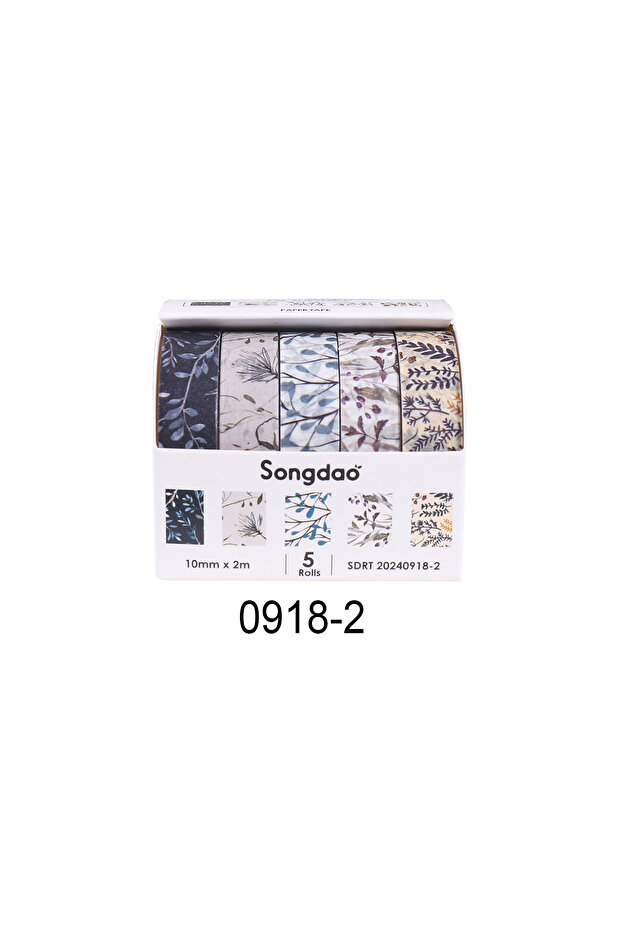 0918-2 5 Rolls/Box of Winter Mountain Field Themed Washi Tape, Featuring Floral, Foliage, Snowflake