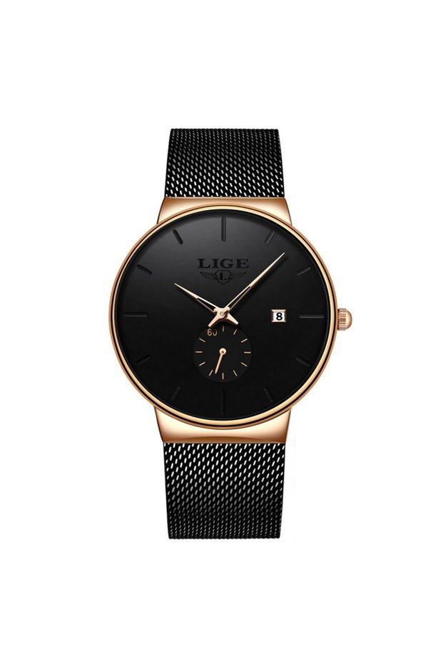 LIGE gold black LIGE Fashion Mens Watches Top Brand Luxury Quartz Watch Men Casual Slim Mesh Steel W