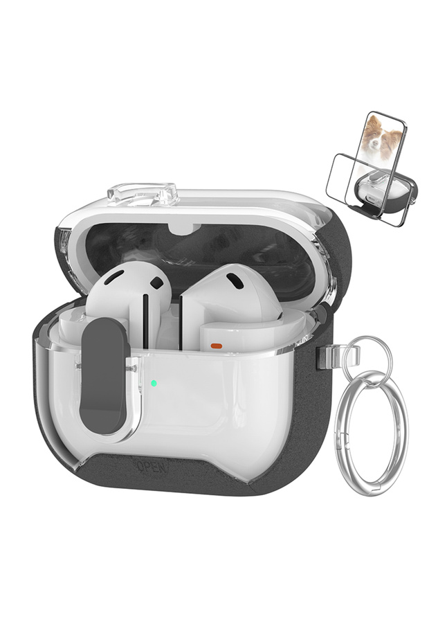 جراب قفل آمن رمادي اللون لسماعات Galaxy Buds 3 Pro، مزود بحامل للهاتف، جراب حماية.