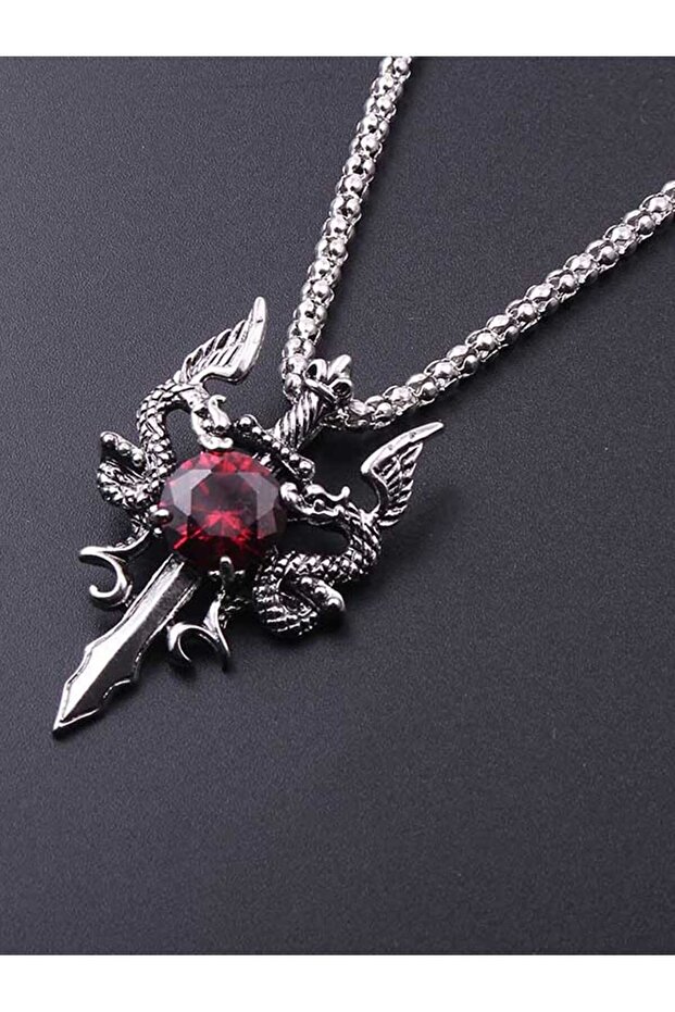 Red 1 Gothic Dragon Water Diamond Long Necklace Men's Dominant Retro Dragon Necklace