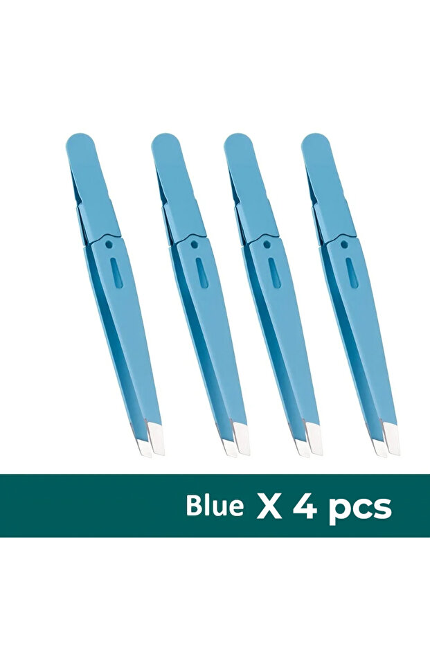 Blue 4pcs Eyebrow Tweezer Colorful Hair Beauty Fine Hairs Puller Stainless Steel Slanted Eye Brow Cl