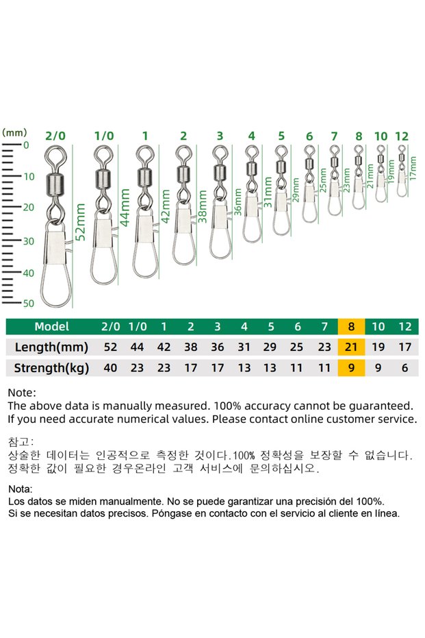 Size 8 DNDYUJU 50pcs Fishing Connector Rolling Swivel with Interlock Snap Stainless Steel Snap for F