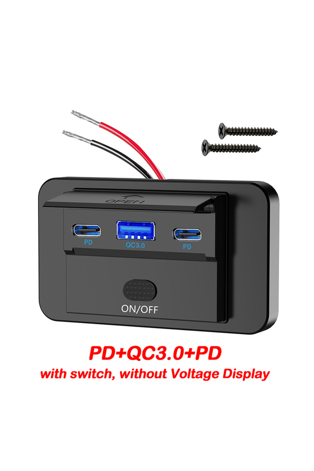 محول شحن C-2PQ-NO-Voltmeter 12V PD USB C بقوة 18 واط مع منفذ USB A ونوع C مع مفتاح تشغيل