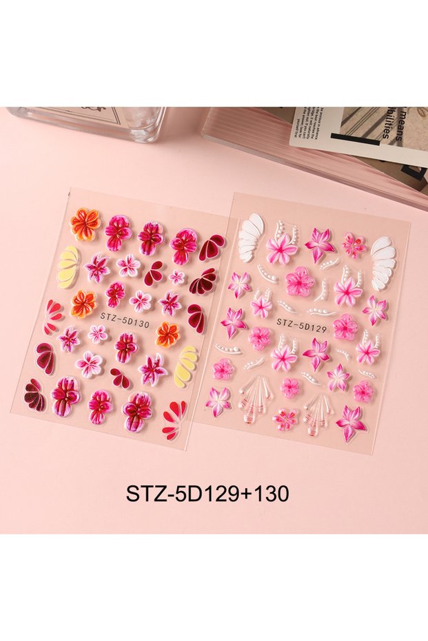 STZ-5D129-130 2 pcs 5D Embossed Pink Wine Red Flower Stickers for Nail Orchid Plumeria Floral Adhesi