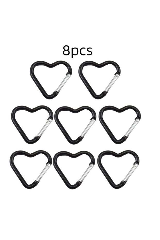Black-8pcs Outdoor Carabiner Heart Shape Keychain Clip Aluminum Alloy Rings Climbing Clips Spring Sn