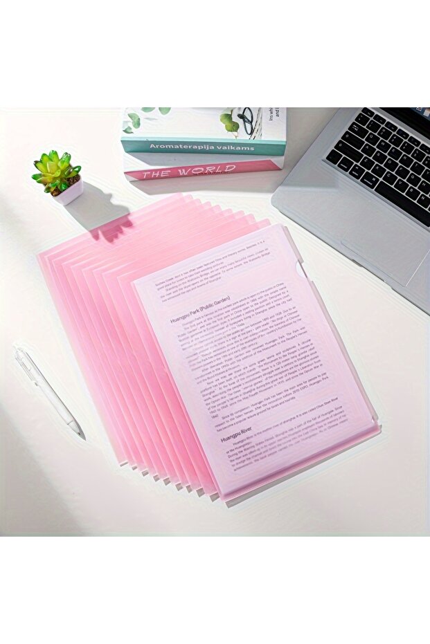 Pink 12pcs Premium PP Material Project Folders -L-Shaped A4 Document Sleeves, Durable, Waterproof St