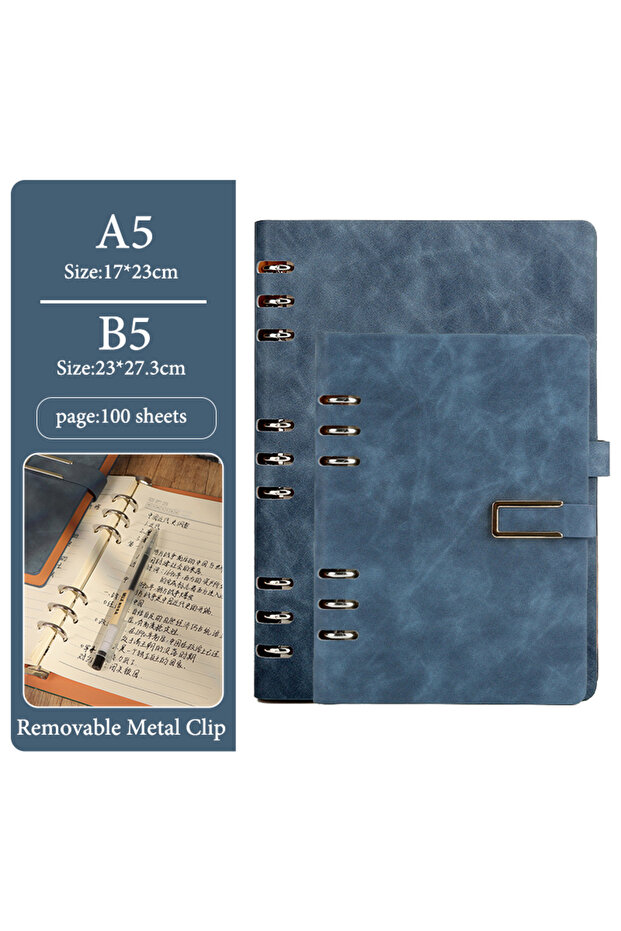 A5 Denim blue A5/B5 Loose-Leaf Notebook,Simple Business Soft Leather Cover,Removable Metal Clip,100