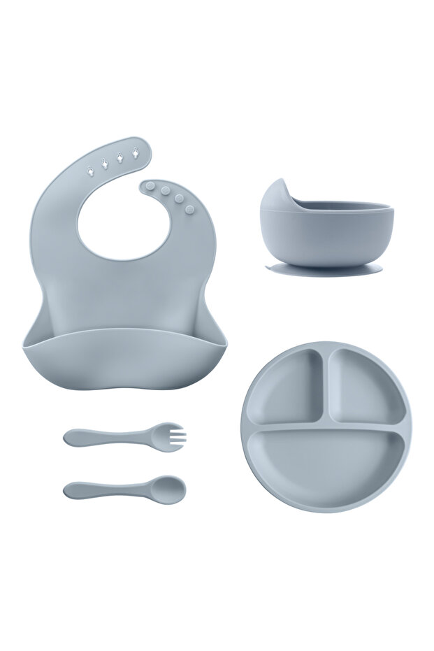 A3 5Pcs Baby Silicone Feeding Set Round Dining Plate Sucker Bowl Dishes For Kids Baby Waterproof Bib