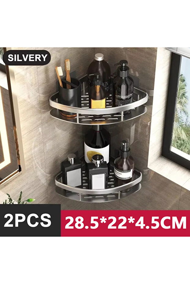 StyleA-Silvery-2PCS Bathroom Shelf Kitchen Storage Organizer Aluminum Alloy Shampoo Rack Shower Shel