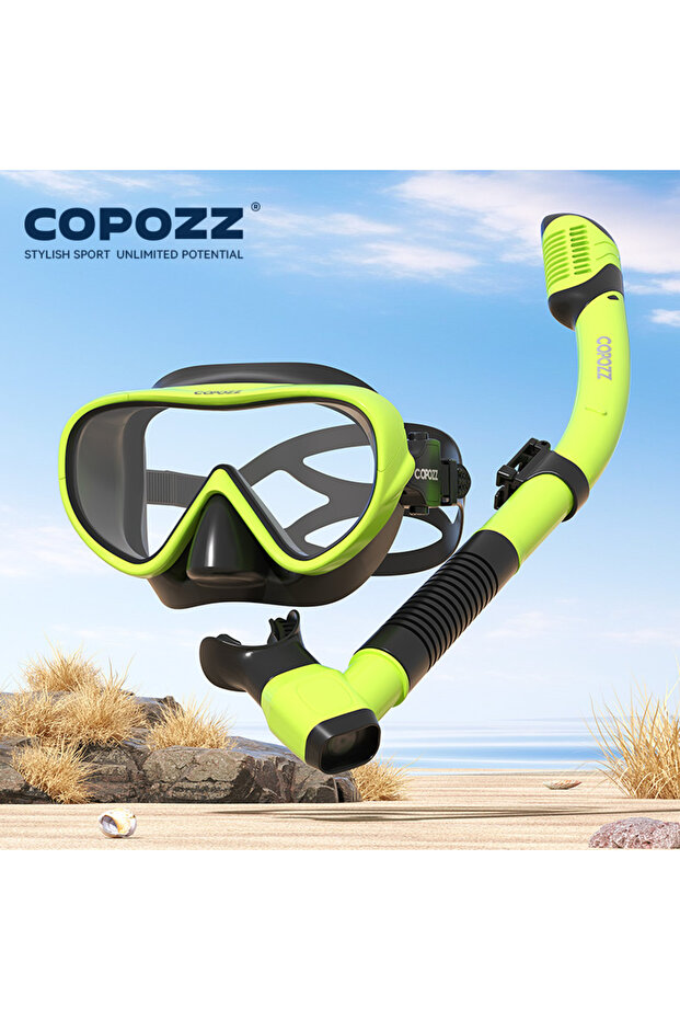 YELLOW BLACK SET COPOZZ Professional Diving Mask Full Vision Mask Underwater Snorkel Mask Set Swimm