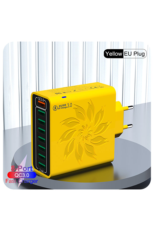 EU Yellow 8 Ports USB Charger QC 5.0 Fast Charging EU US KR Plug 65W Fast Charger Power Adapter For