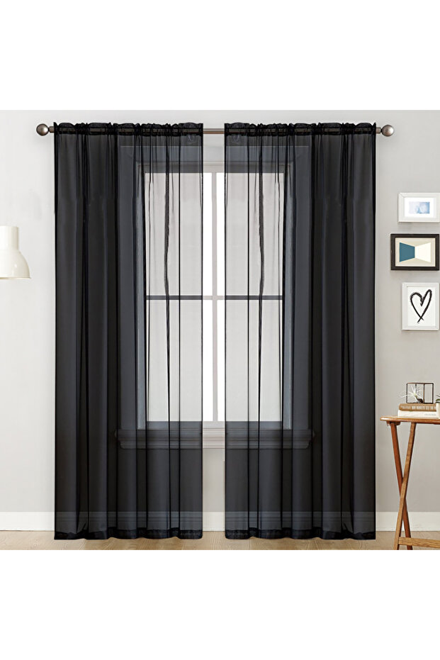 Threading rod W100cmxH130cm 2PC black 2pc solid color Terylene through pole transparent window scree