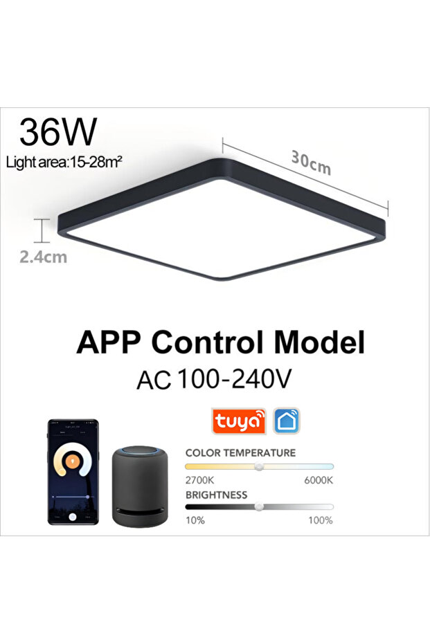 APP-Black MARPOU Tuya Smart LED Ceiling Lamp Wood Grain App Voice Control Alexa/Google Remote Contro
