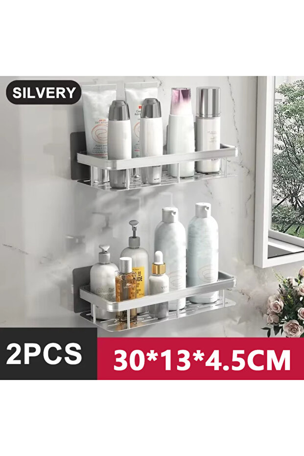 StyleB-Silvery-2PCS Bathroom Shelf Kitchen Storage Organizer Aluminum Alloy Shampoo Rack Shower Shel