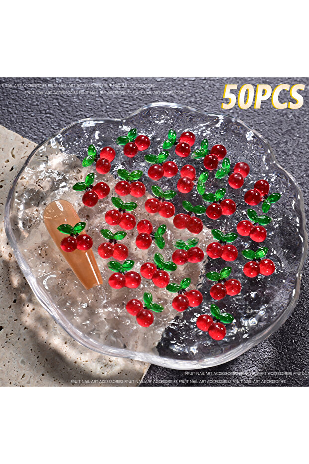 50pcs cherry 50Pcs Mix Resin Summer Fruit Nail Art Charms Cute 3D Cherry Strawberry Watermelon Peach