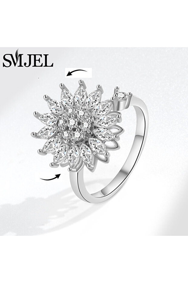 resizable TJZ512 Bohemia Fidget Spinner Ring Anxiety for Women Multiple Crystal Flower Adjustable Op